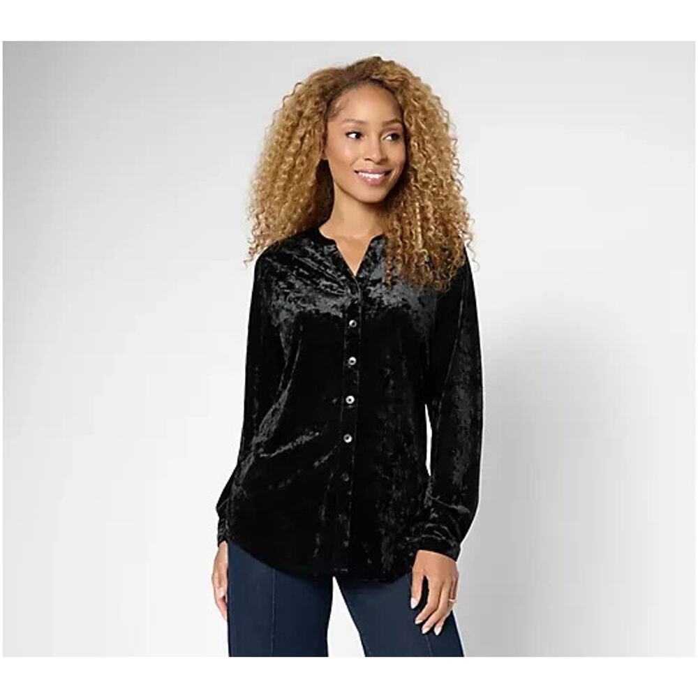 Belle Boho by Kim Gravel Crushed Velvet Long Sleeve Shirt Sz 2X Black Button Up